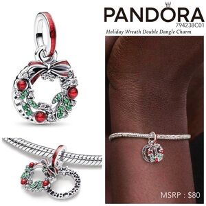 PANDORA Christmas Holiday Wreath Double Dangle Charm w/box